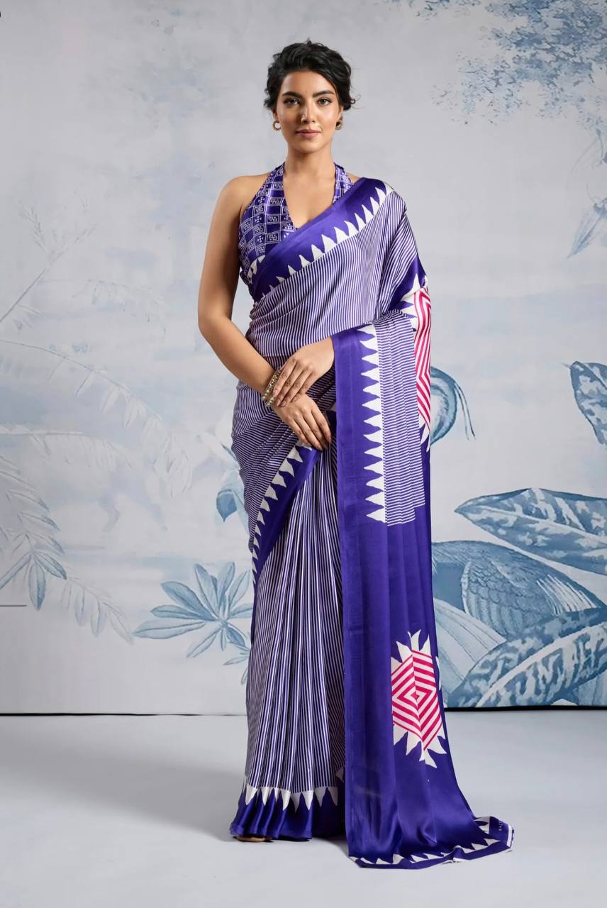 Blue Geometric Print Saree