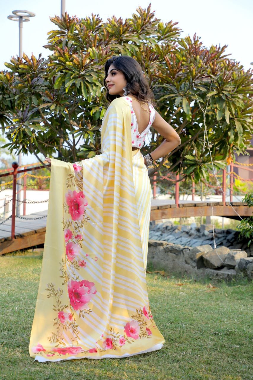 Blossom Yellow Stripe Linen Saree