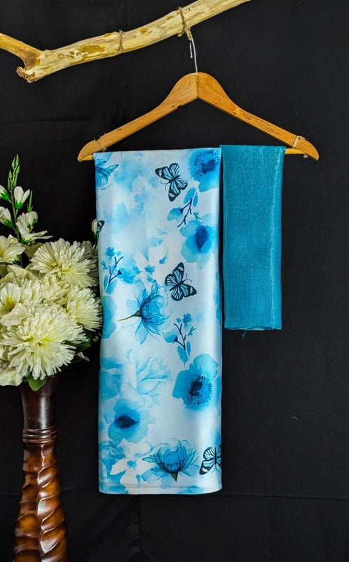 Blue Watercolor Floral Saree