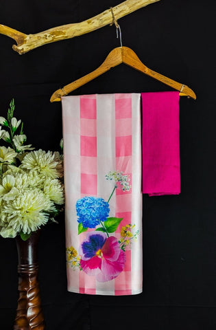 Pink Check Floral Silk Saree