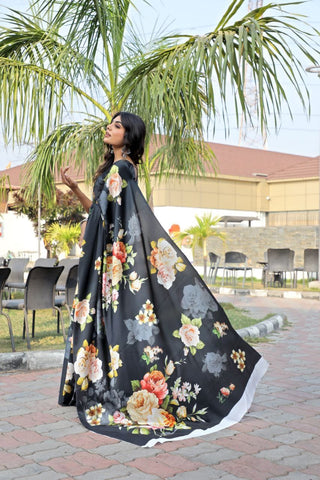Black Satin Floral Drape Saree